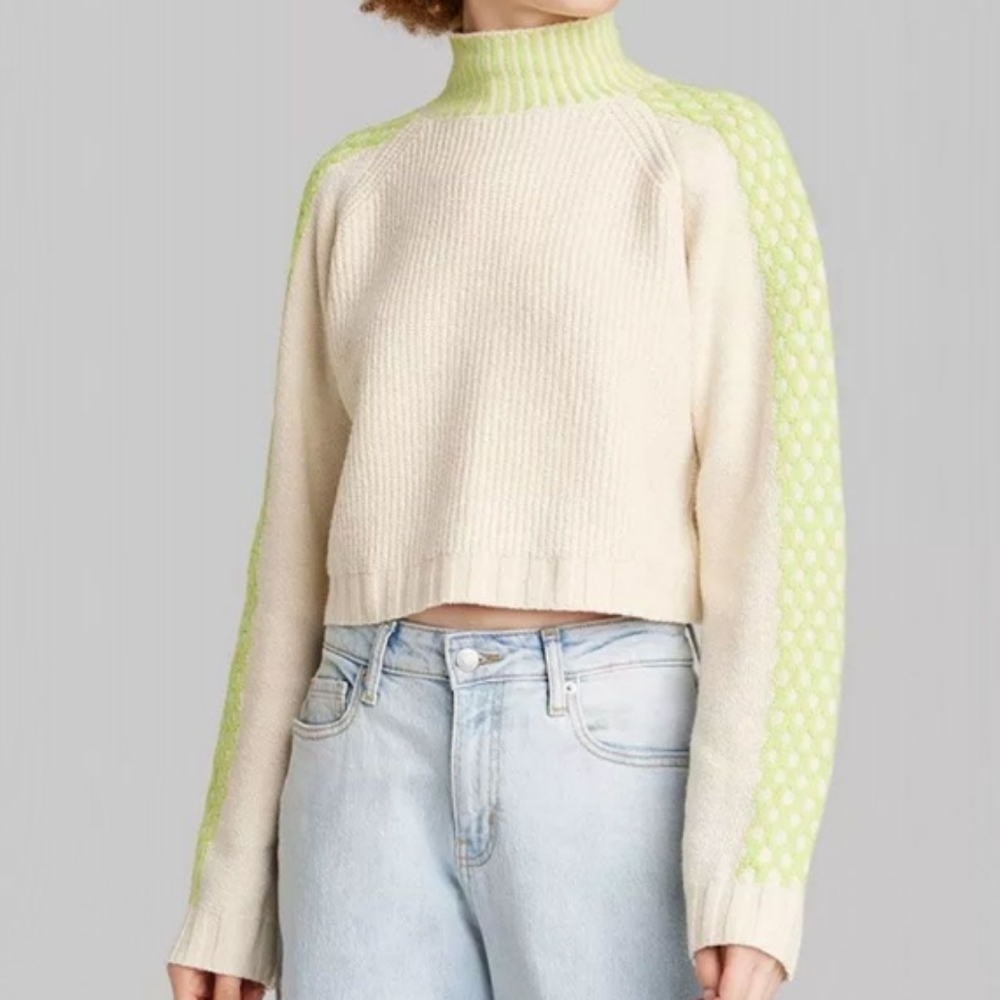 Wild Fable Cream Mock Neck Cropped Sweater with Neon Green/Yellow Details